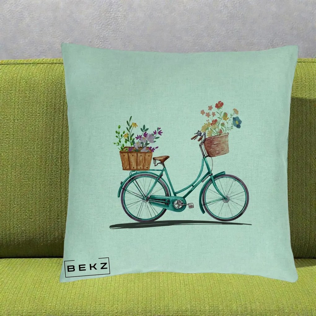 Perna Decorativa Bicicleta Florala Turcoaz Acuarela, 40x40 cm, Verde Menta, Husa Detasabila, Perna Inclusa, BEKZ®