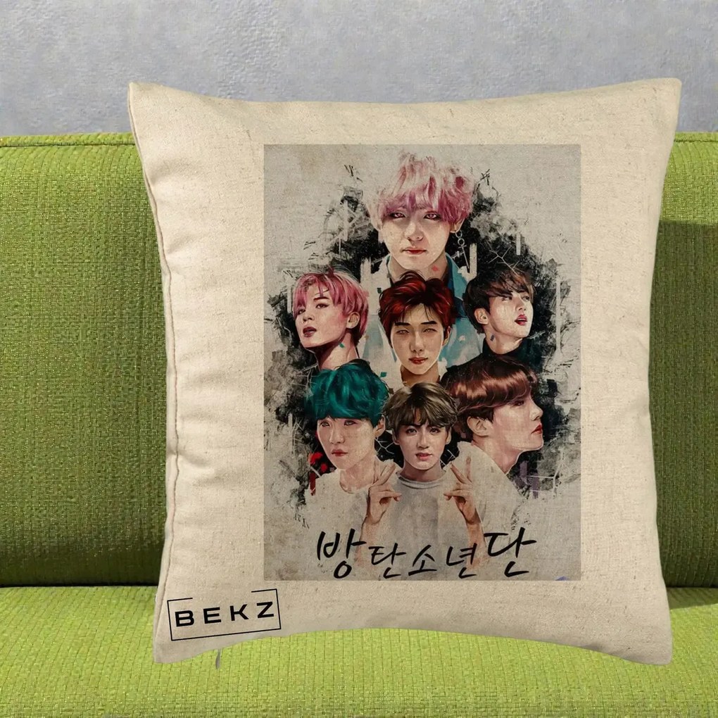 Perna Personalizata K-pop BTS Bangtan Boys Poster Artistic Negru Alb, 40x40 cm, Bej, Husa Detasabila, Perna Inclusa, BEKZ®