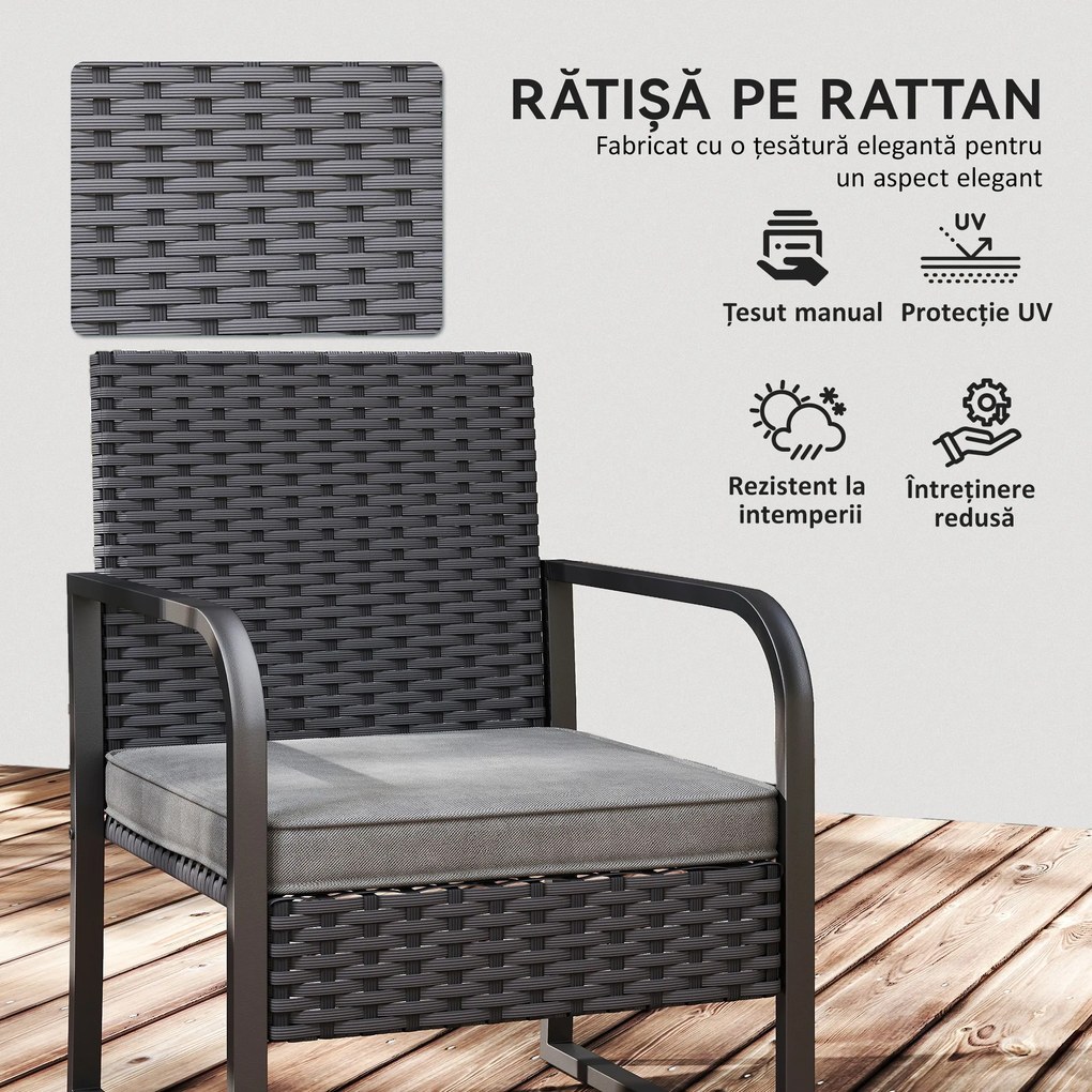 Outsunny Set de Grădină 3 Piese din Rattan PE și Oțel, Set cu 2 Fotolii cu Perne Lavabile și Măsuță de Cafea cu Blat din Sticlă, Set de Mobilier pentru Balcon, Terasă sau Curte, Gri Închis și Negru | Aosom Romania