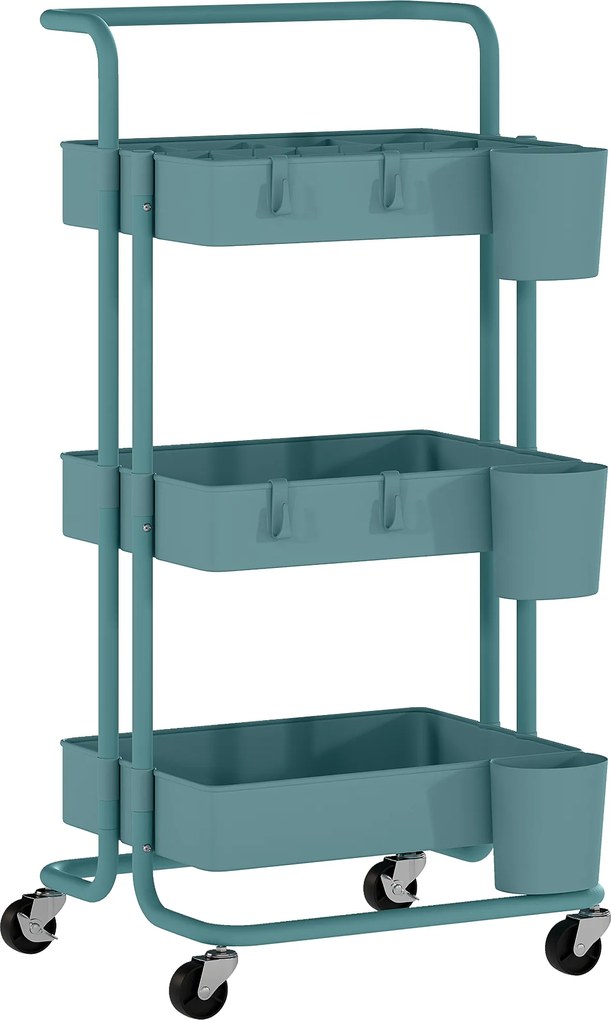 HOMCOM Cărucior cu 3 nivele etajeră cu 4 cârlige și 3 cutii suspendate amovibile pentru 42 x 38 x 86,5 cm albastru-verzui | Aosom Romania