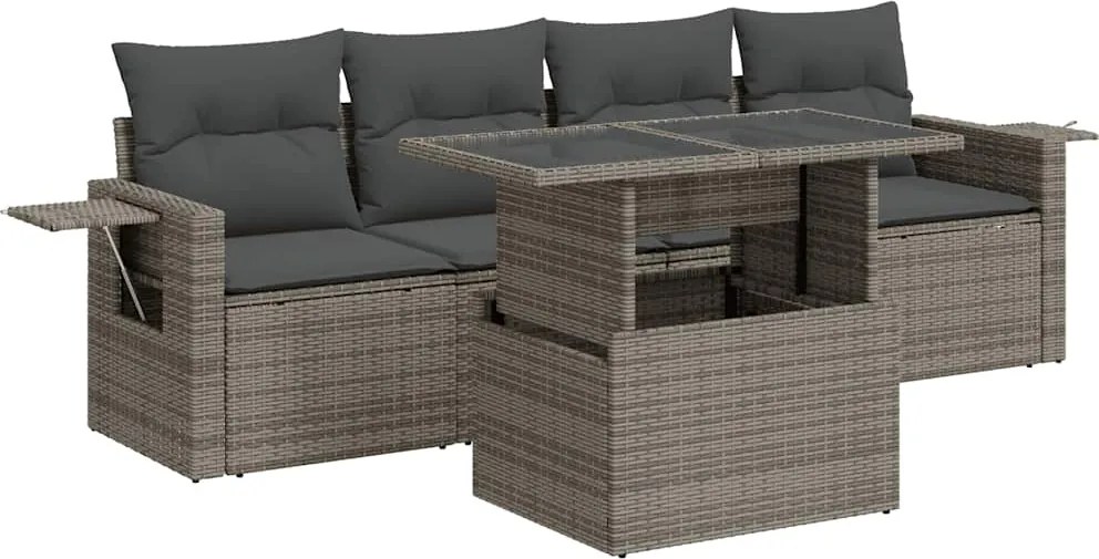 vidaXL Set canapea de grădină cu perne, 5 piese, gri, poliratan