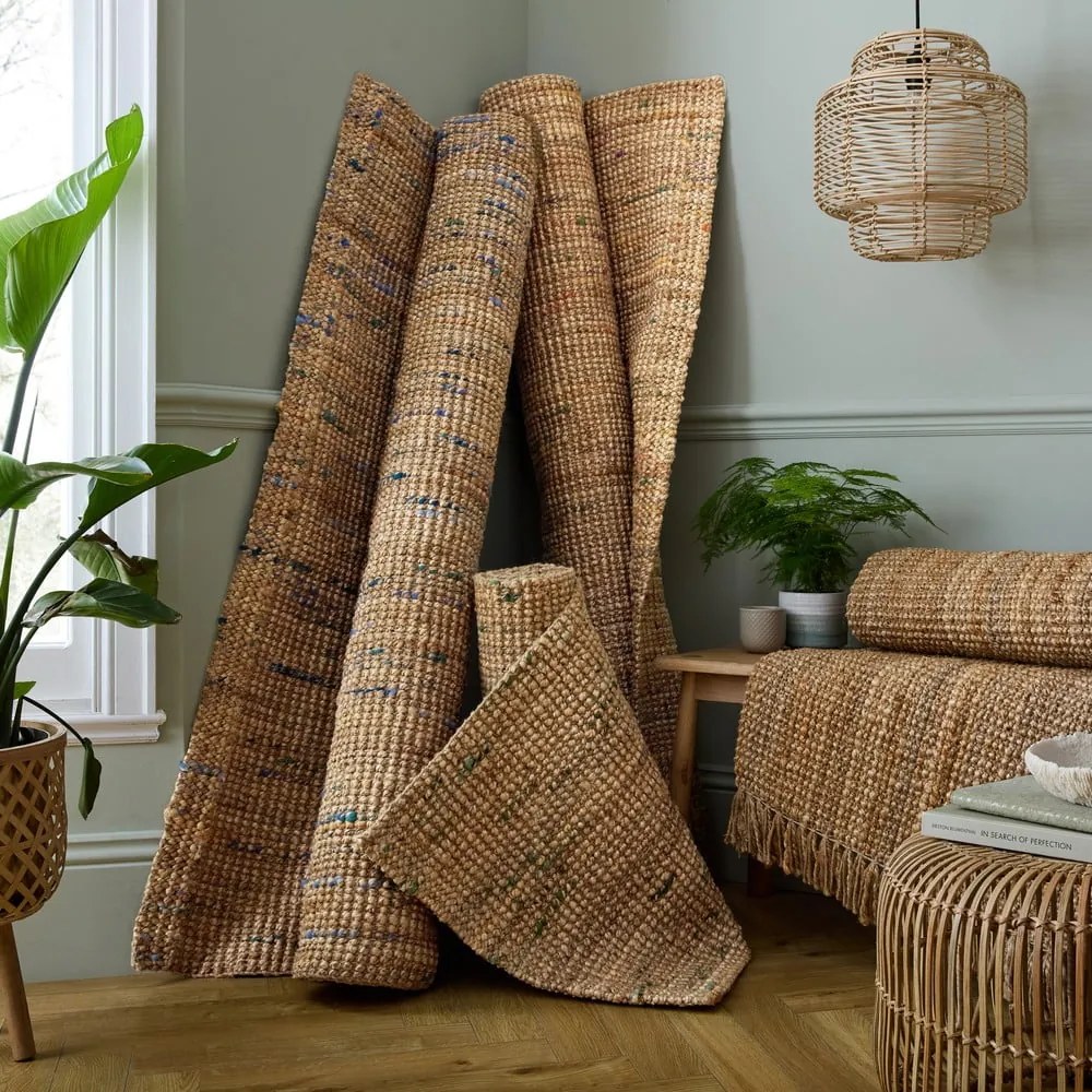 Covor albastru/în culoare naturală țesut manual din iută 160x230 cm Jute Boucle Blue – Flair Rugs