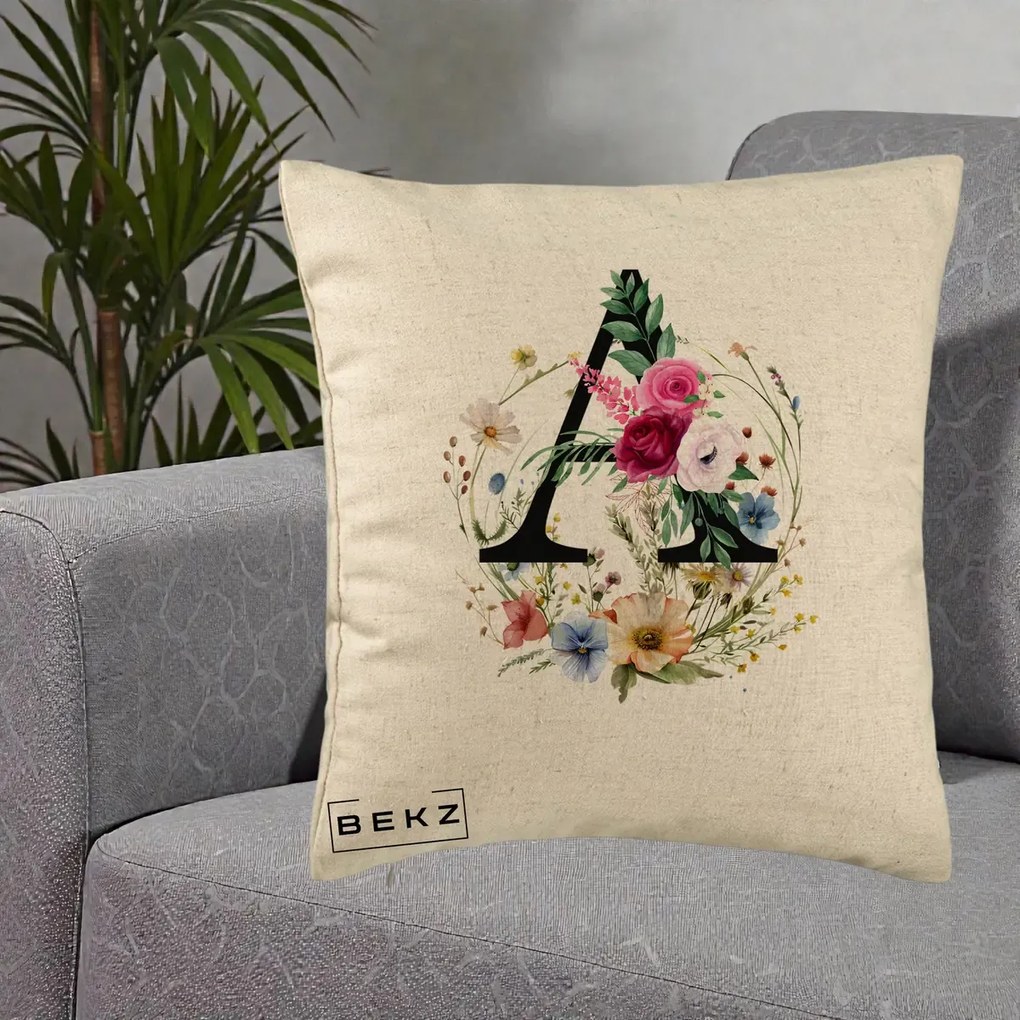 Cadou Personalizat - Perna Personalizata Monogram Litera A cu Flori Acuarela, 40x40 cm, Bej, Husa Detasabila, Perna Inclusa, BEKZ®