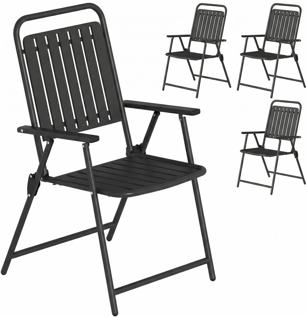 Outsunny Set de 4 scaune de grădină pliabile pentru exterior cu cotiere, spătar și șezut cadru metalic 55x63x93 cm negru | Aosom Romania