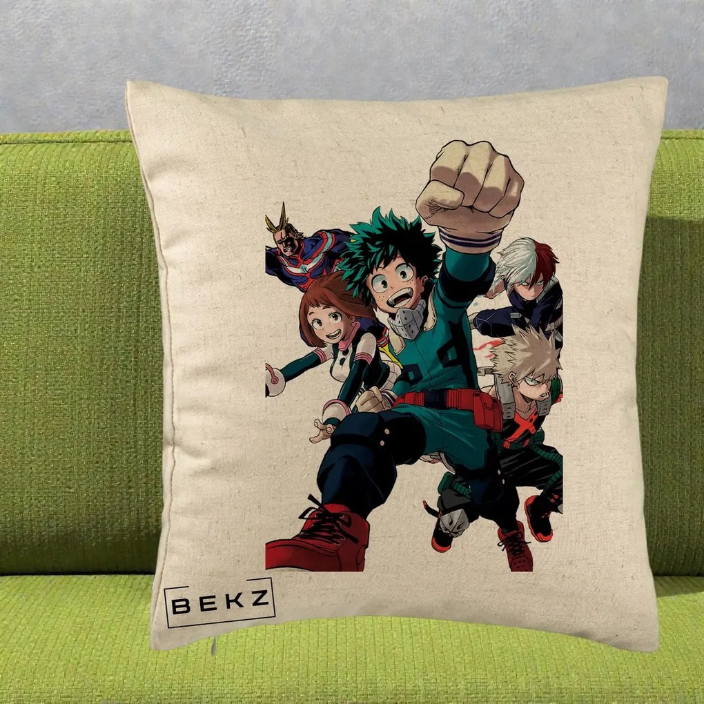Perna Personalizata My Hero Academia Izuku Deku si Echipa, 40x40 cm, Bej, Husa Detasabila, Perna Inclusa, BEKZ®