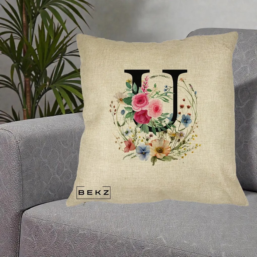 Cadou Personalizat - Perna Personalizata Monogram Litera U cu Flori Acuarela, 40x40 cm, Crem, Husa Detasabila, Perna Inclusa, BEKZ®