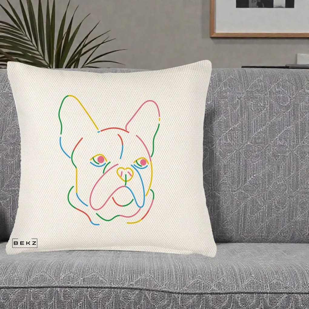 Perna Decorativa Bulldog Francez Line Art Curcubeu, 40x40 cm, Crem Reliefat, Husa Detasabila, Perna Inclusa, BEKZ®