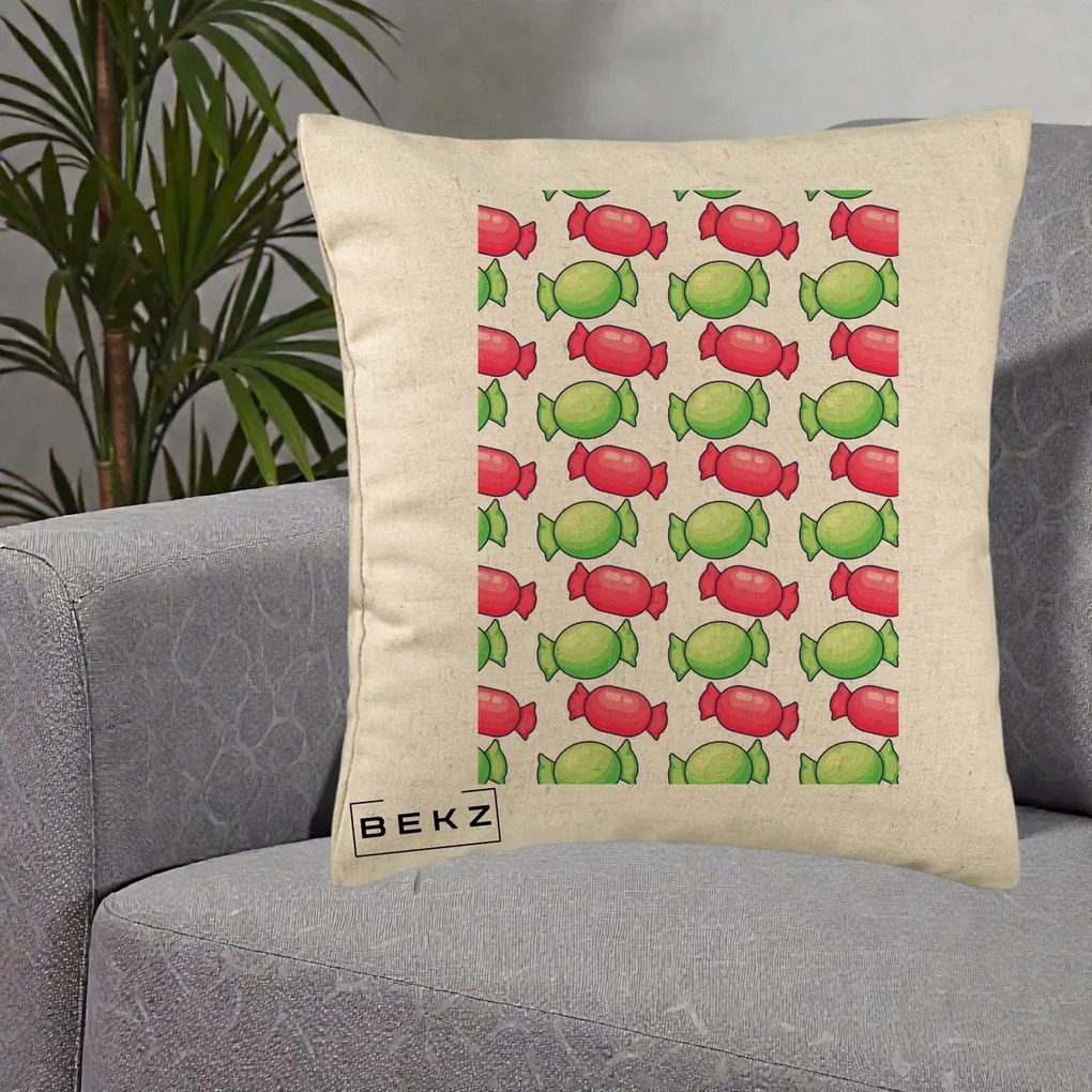 Perna Decorativa Bomboane Craciun Pattern, 40x40 cm, Bej, Husa Detasabila, Perna Inclusa, BEKZ®