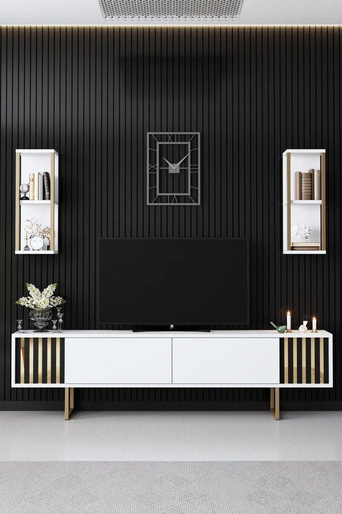 COMODA TV Lux Gold Line Tv Stand Stylish, Alb - Nuc - Gri, 180 x 48 x 30 cm