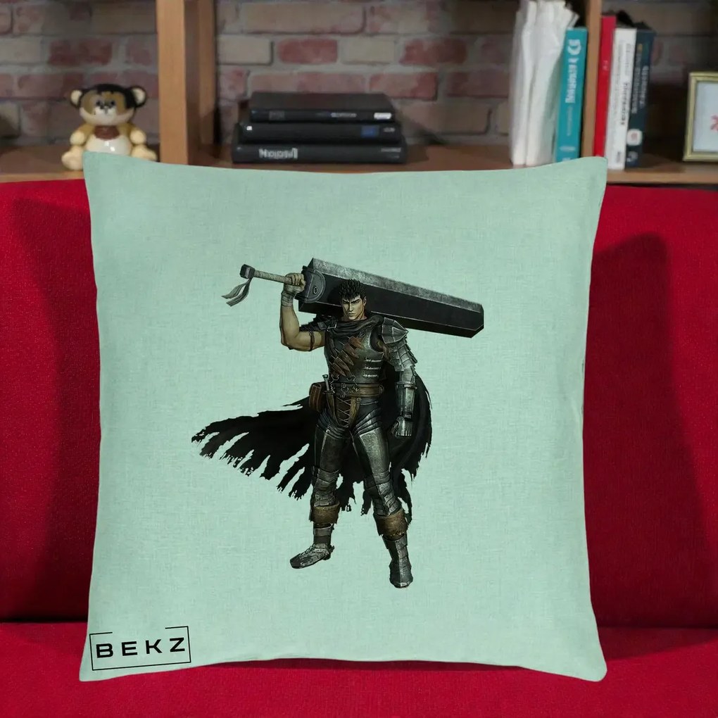 Perna Personalizata Berserk Guts Luptatorul Negru, 40x40 cm, Verde Menta, Husa Detasabila, Perna Inclusa, BEKZ®