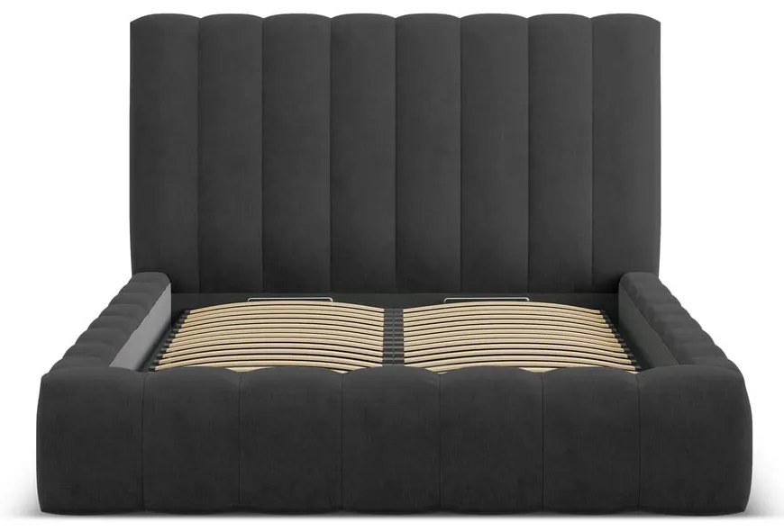 Pat matrimonial gri antracit tapițat cu spațiu de depozitare cu somieră 200x200 cm Kelp – Micadoni Home