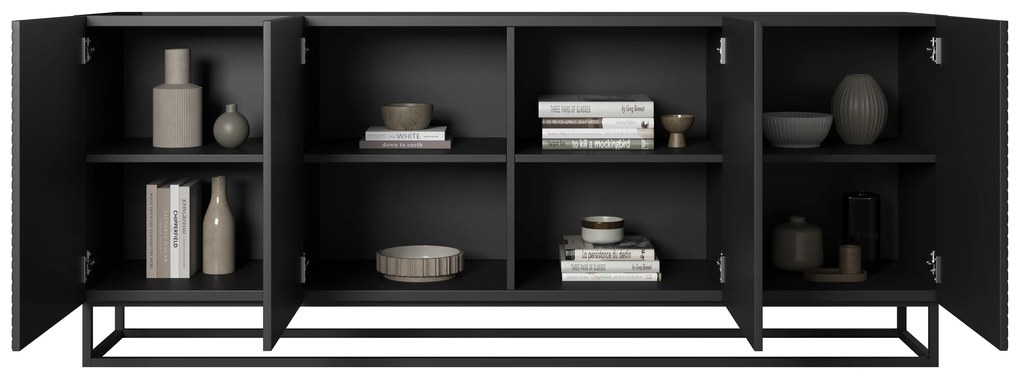 Comodă Asha 200 cm cu patru uși - negru mat / cadru negru