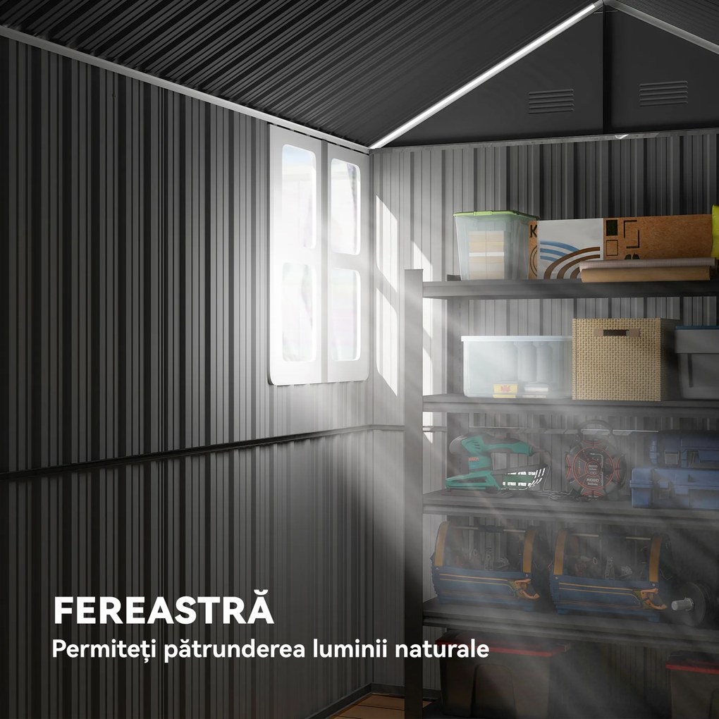 Outsunny Magazie de Grădină din Oțel Galvanizat și PP cu 4 Guri de Aerisire și Fereastră, 259x171x222 cm, Gri și Alb | Aosom Romania