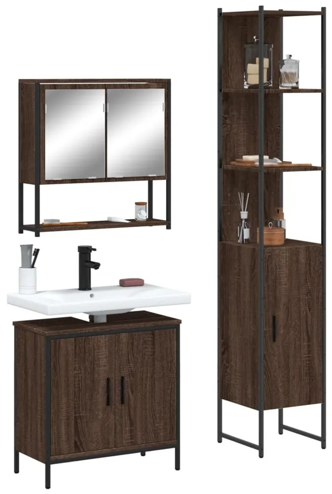 vidaXL Set mobilier de baie, 3 piese, stejar maro, lemn prelucrat
