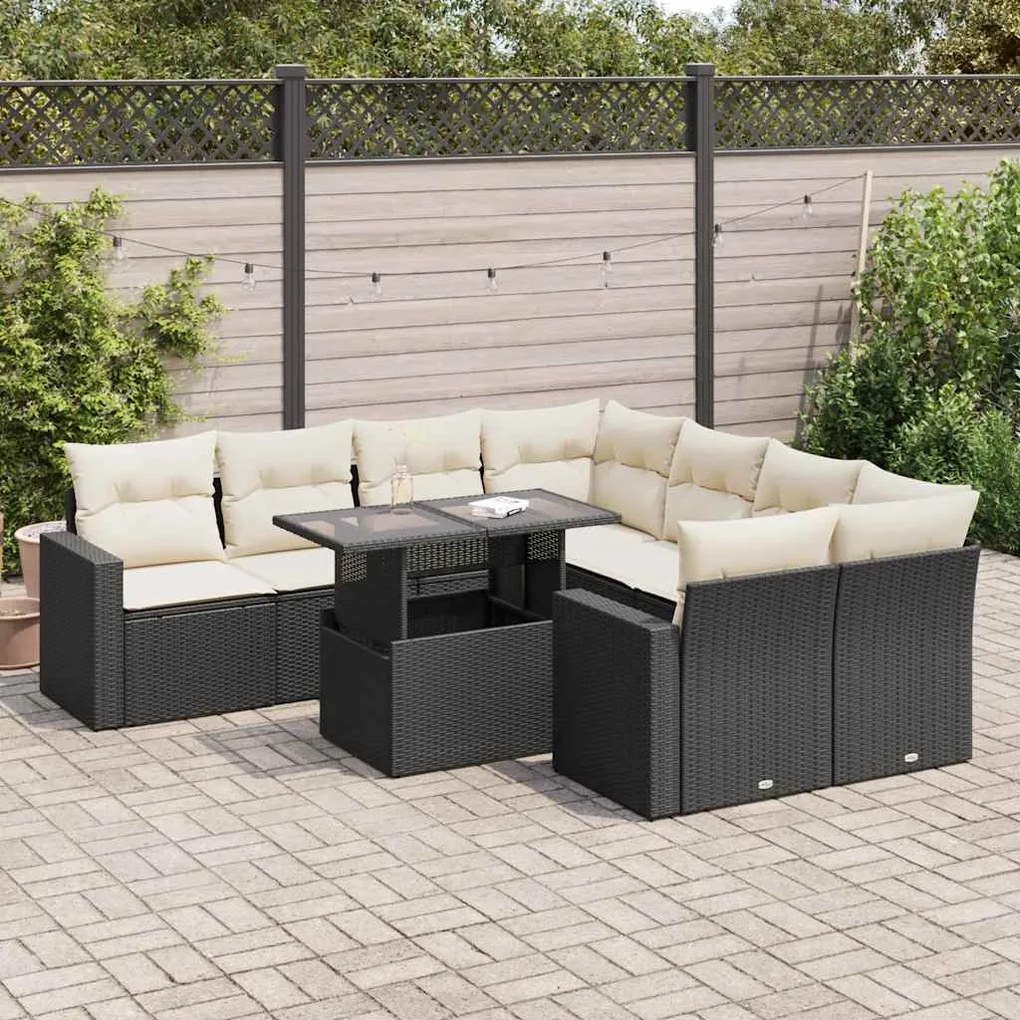 3326287 vidaXL Set mobilier de grădină cu perne, 9 piese, negru, poliratan