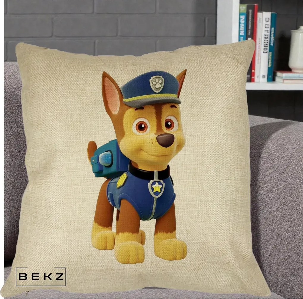 Perna Personalizata Chase PAW Patrol Albastru, 40x40 cm, Crem, Husa Detasabila, Perna Inclusa, BEKZ®