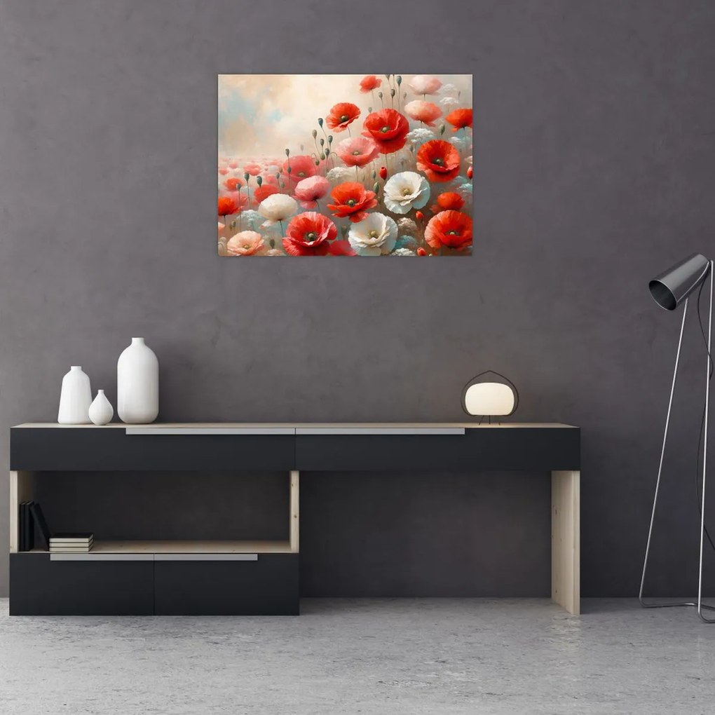 Tablou pe sticlă - Pictură cu maci (70x50 cm)