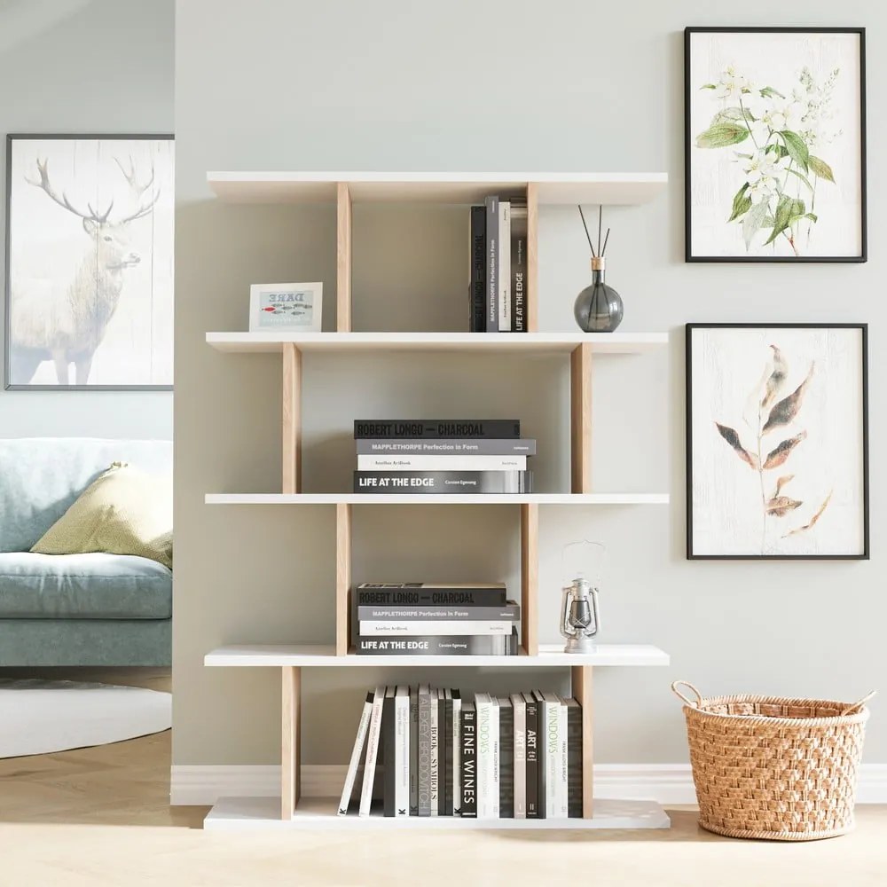 Bibliotecă albă/cu aspect de lemn de stejar 90x127 cm Harmon – Kalune Design