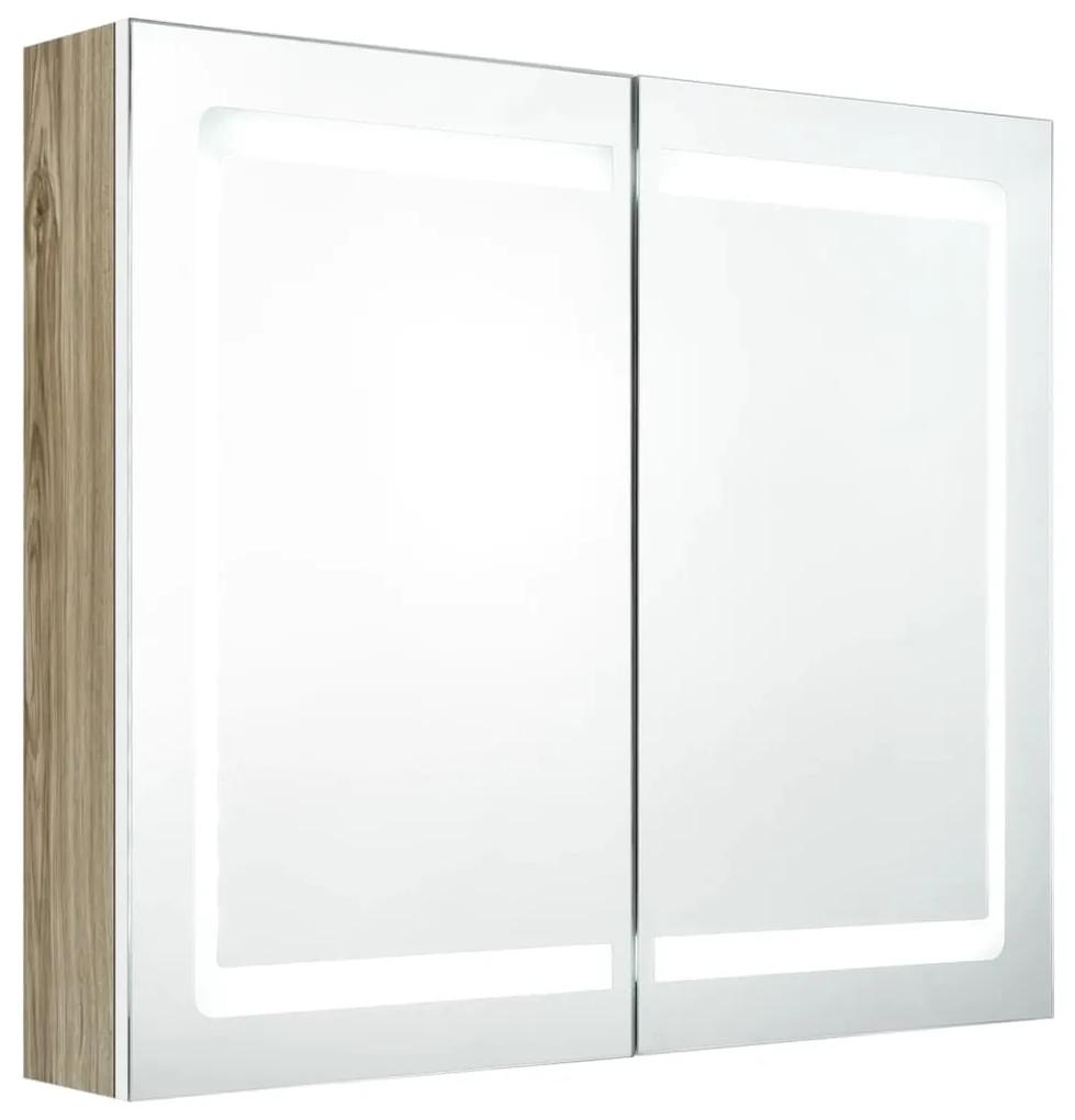 Dulap de baie cu oglinda si LED, alb si stejar, 80x12x68 cm alb si stejar