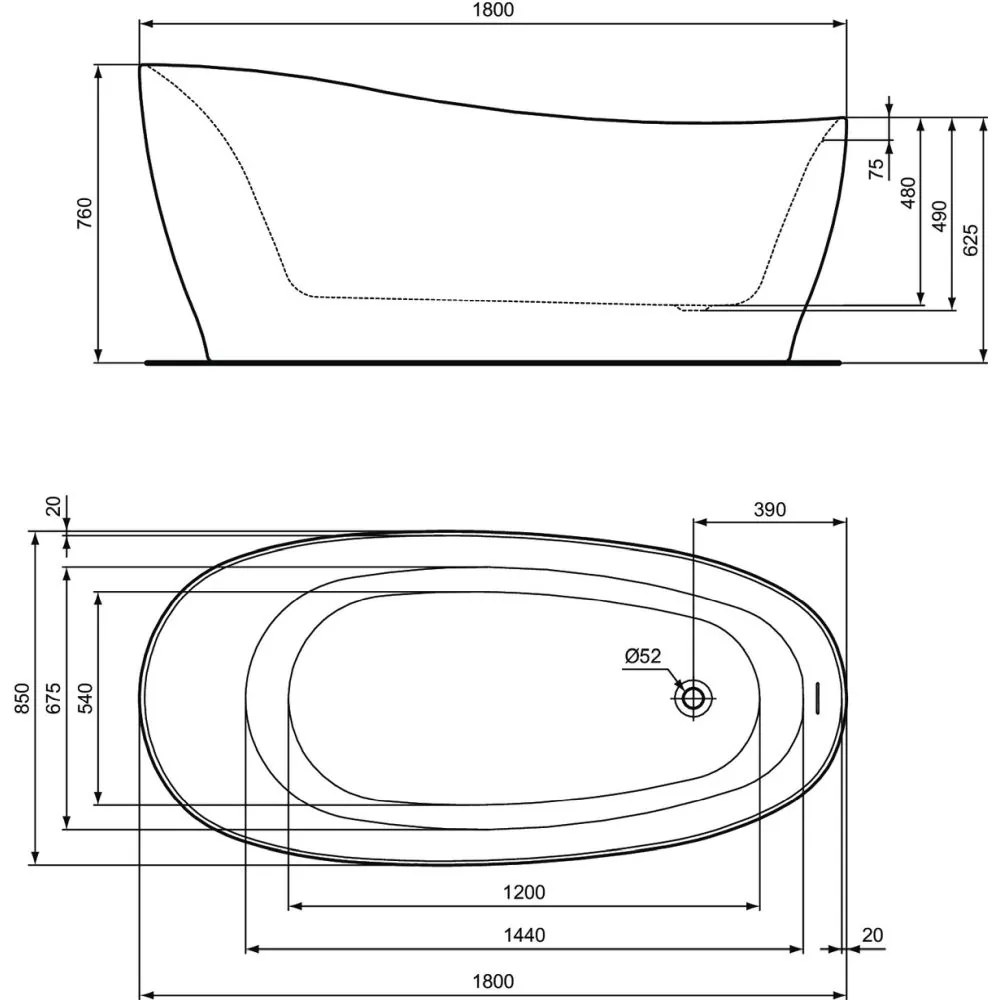 Cada freestanding asimetrica 180x85 cm, alb mat Alb mat