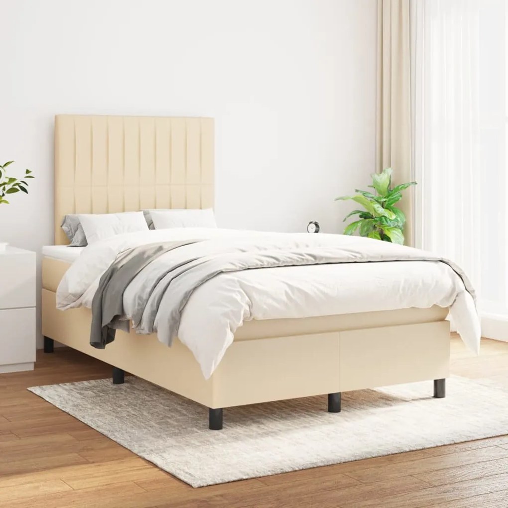 vidaXL Pat box spring cu saltea, crem, 120x200 cm, textil