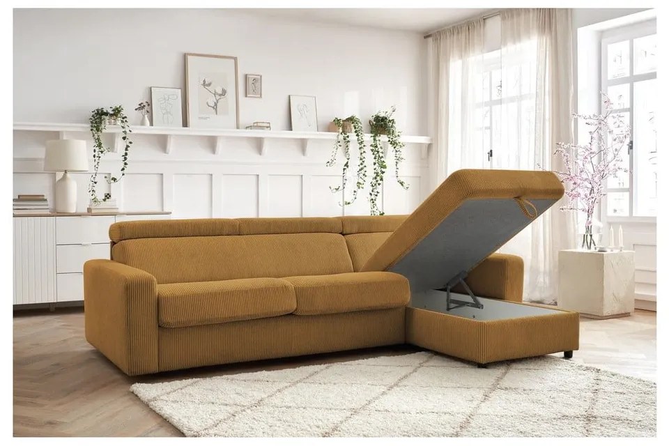 Colțar galben muștar extensibil cu tapițerie din catifea reiată (cu colț variabil) Monaco – Bobochic Paris