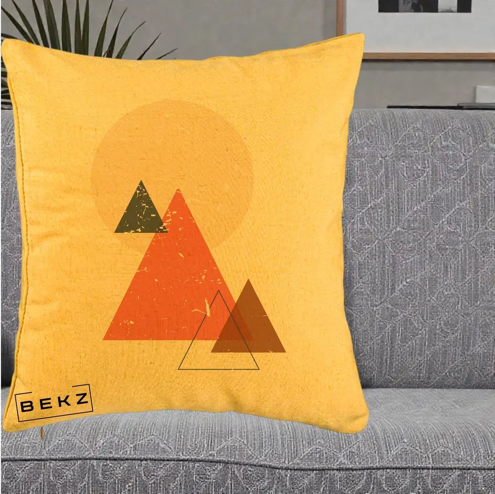 Perna Decorativa Geometric Munti si Soare, 40x40 cm, Galben, Husa Detasabila, Perna Inclusa, BEKZ®
