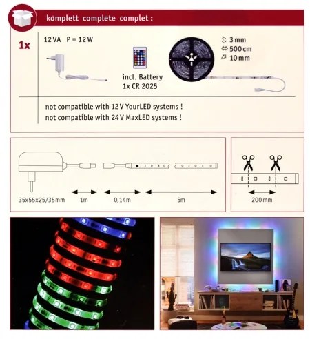 Bandă dimabilă LED RGB/10W Paulmann 70513 SIMPLED 5m 230V + telecomandă
