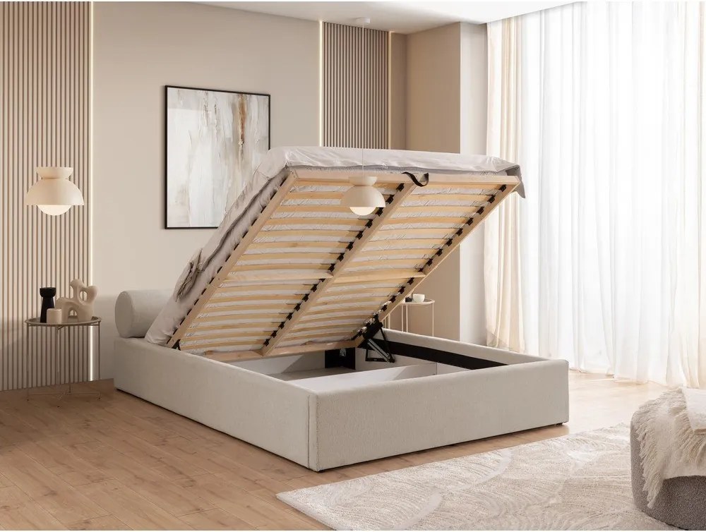 Pat matrimonial bej tapițat cu spațiu de depozitare cu somieră 180x200 cm Cille – Ropez