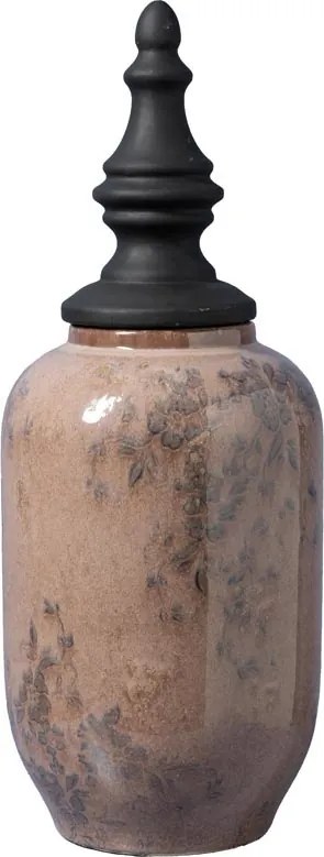 Borcan decorativ din ceramică artizanală roz cu capac negru sculptat, formă ovală, finisaj lucios, 46.5×18 cm, „Rosaire"