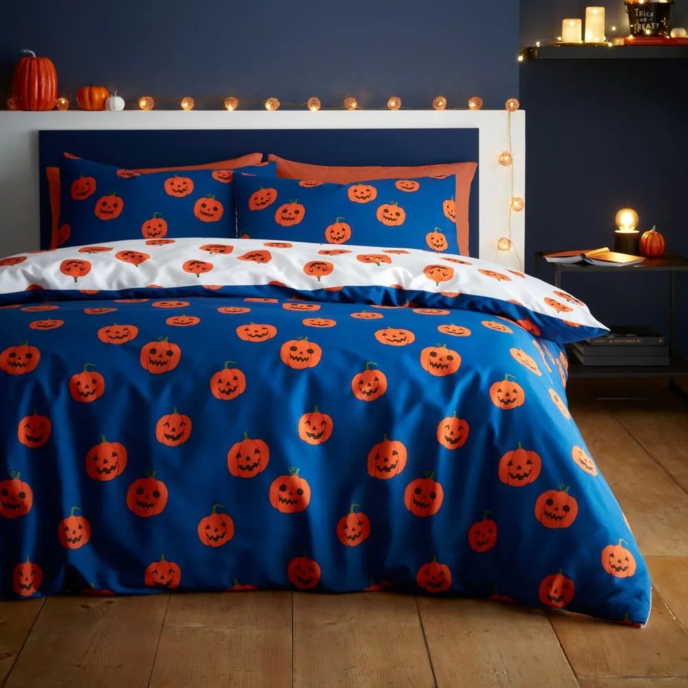 Lenjerie de pat albastră-portocalie pentru pat dublu, extinsă 230x220 cm Halloween Pumpkins – Catherine Lansfield