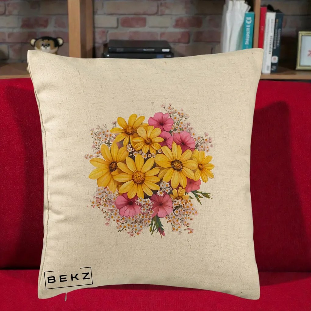 Perna Decorativa Floarea-Soarelui cu Cosmos Roz si Gypsophila, 40x40 cm, Bej, Husa Detasabila, Perna Inclusa, BEKZ®