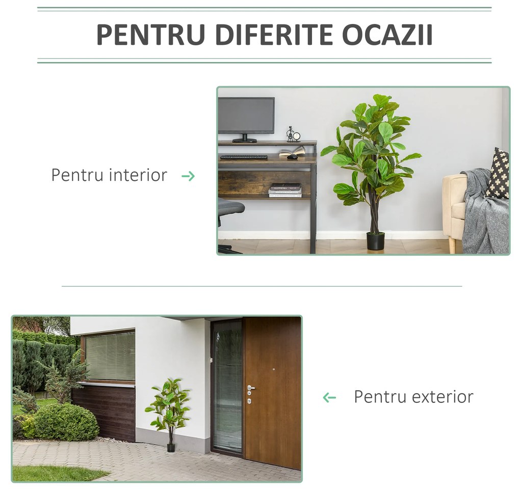 Ficus Artificial 130cm de Interior si Exterior, Planta Artificiala cu efect Realist cu 78 de Frunze HOMCOM | Aosom Romania