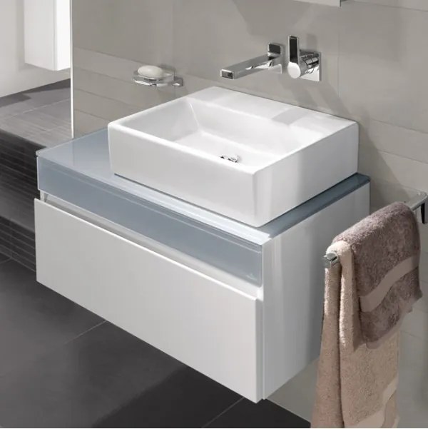 Dulap baza suspendat cu blat sticla, Memento Villeroy&amp;Boch, lavoar dreapta, 80.6x46x37cm, alb/gri, C779R0MT