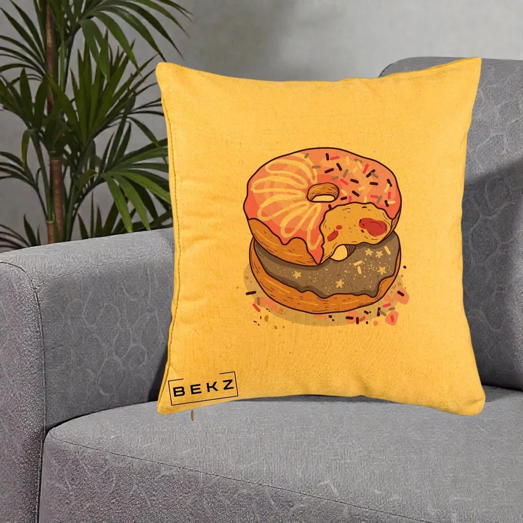 Perna Decorativa Donuts Roz si Mov, 40x40 cm, Galben, Husa Detasabila, Perna Inclusa, BEKZ®