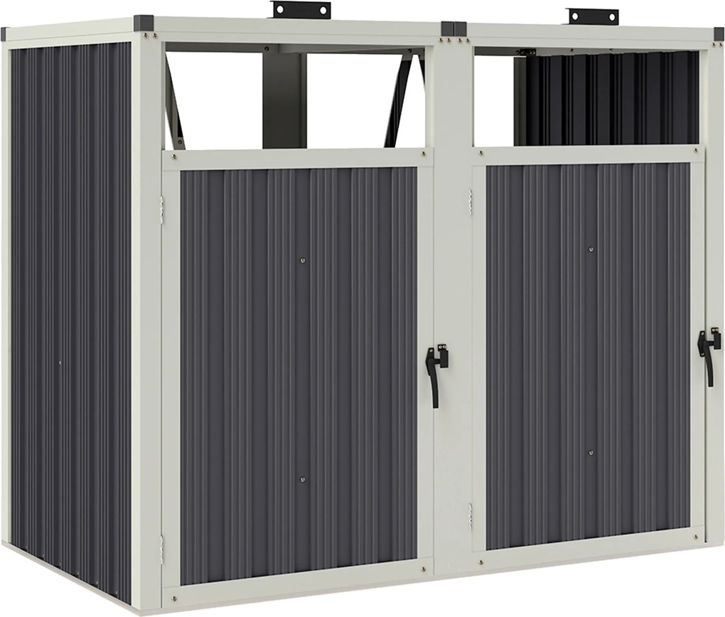 Outsunny Acoperitor pentru Tomberoane de Exterior cu 2 Compartimente, Capac Rabatabil 180°, din Oțel Galvanizat, pentru Grădină sau Patio, 146x81x122 cm, Gri Închis | Aosom Romania