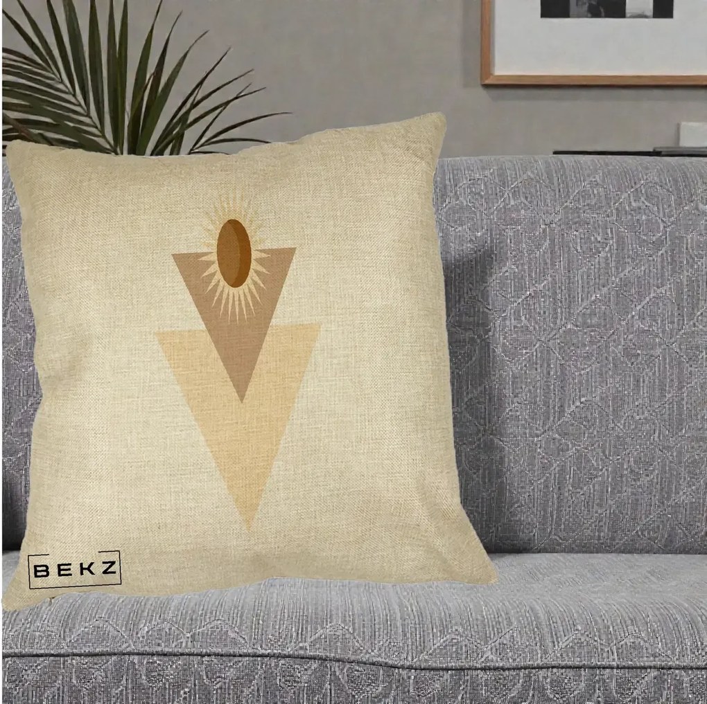 Perna Decorativa Boho Sun cu Triunghiuri Bej si Oval Solar, 40x40 cm, Crem, Husa Detasabila, Perna Inclusa, BEKZ®