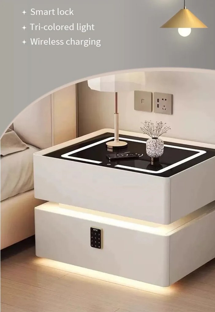 Noptieră inteligentă multifuncțională, sertar tip seif cu blocare cu parolă, încărcare Wireless, difuzor Bluetooth, iluminare LED touch în 3 culori, Alb
