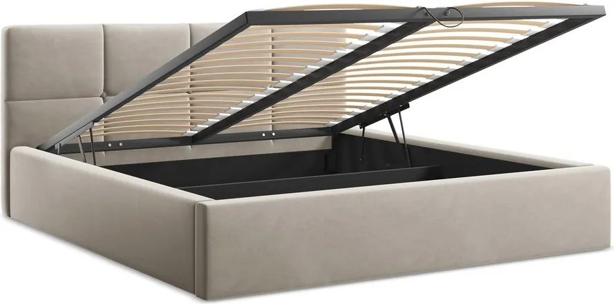 Pat matrimonial taupe tapițat din catifea cu spațiu de depozitare cu somieră 140x200 cm Hiko – Makamii