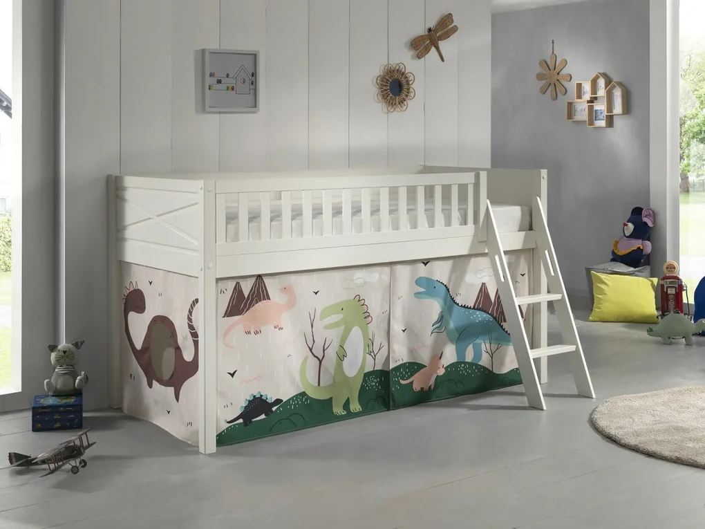 Pat supraetajat SCOTT cu scară, alb, 90x200 cm + Cort de joacă DINO – Vipack