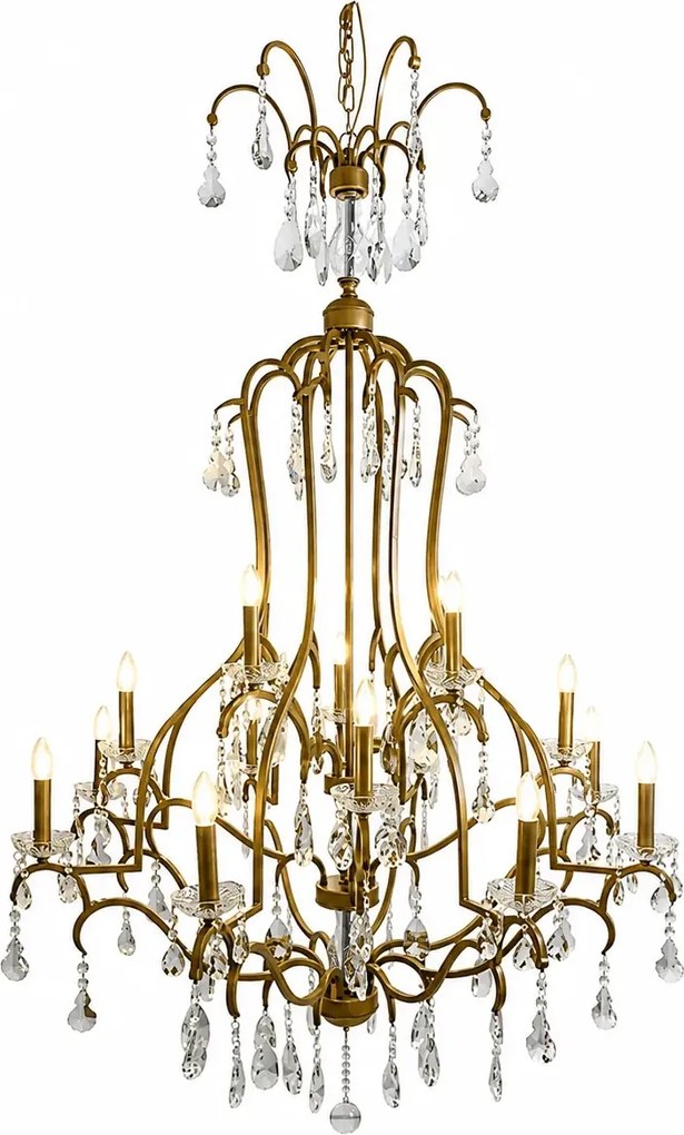 Candelabru din metal, auriu, cu 16 brațe tip lumânare și cristale din sticlă transparentă, 160 x 120 cm, „Cambridge”