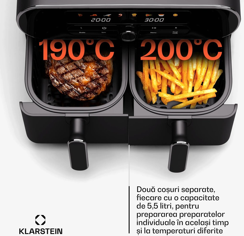 Klarstein Friteuză cu aer cald AuraAir Color Touch, 2 camere, 11 l, 1700 W, 80 - 200 °C, 8 programe