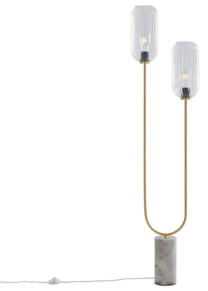 Lampă de podea Art Deco din alamă cu sticlă transparentă cu 2 lumini - Rid