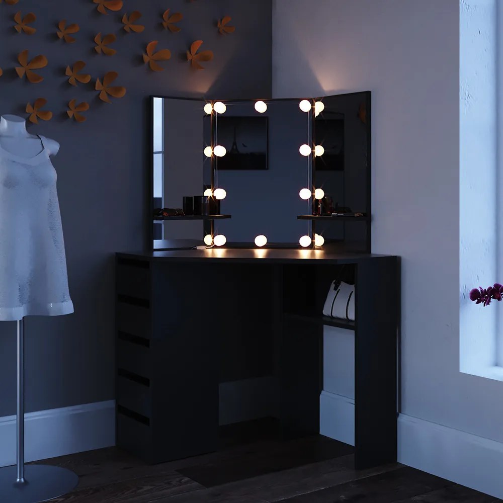 SEN223 - Set Masa neagra toaleta pentru colt, 110 cm, cosmetica machiaj oglinda masuta vanity pe colt cu sau fara LED, cu sau fara Scaun