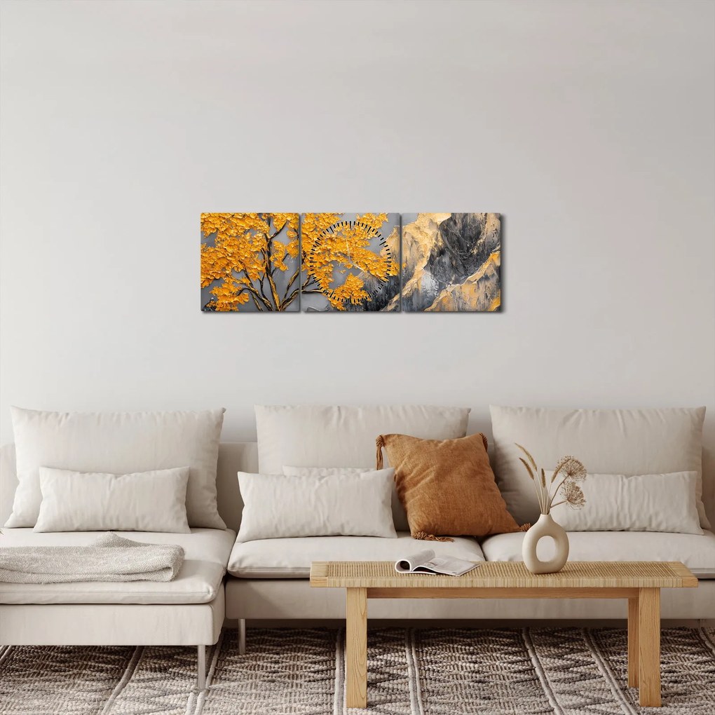 Tablou – Arbore auriu în munți (cu ceas) (90x30 cm)