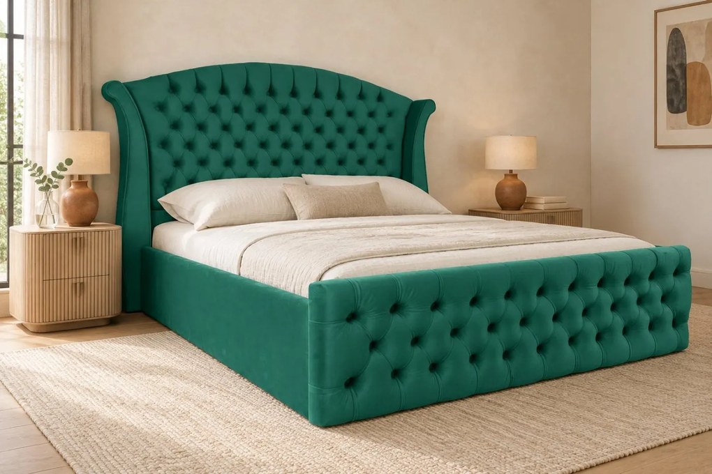 Pat tapițat Chesterfield din catifea Sorella Simple 160×200 cm, verde, cu ladă de depozitare