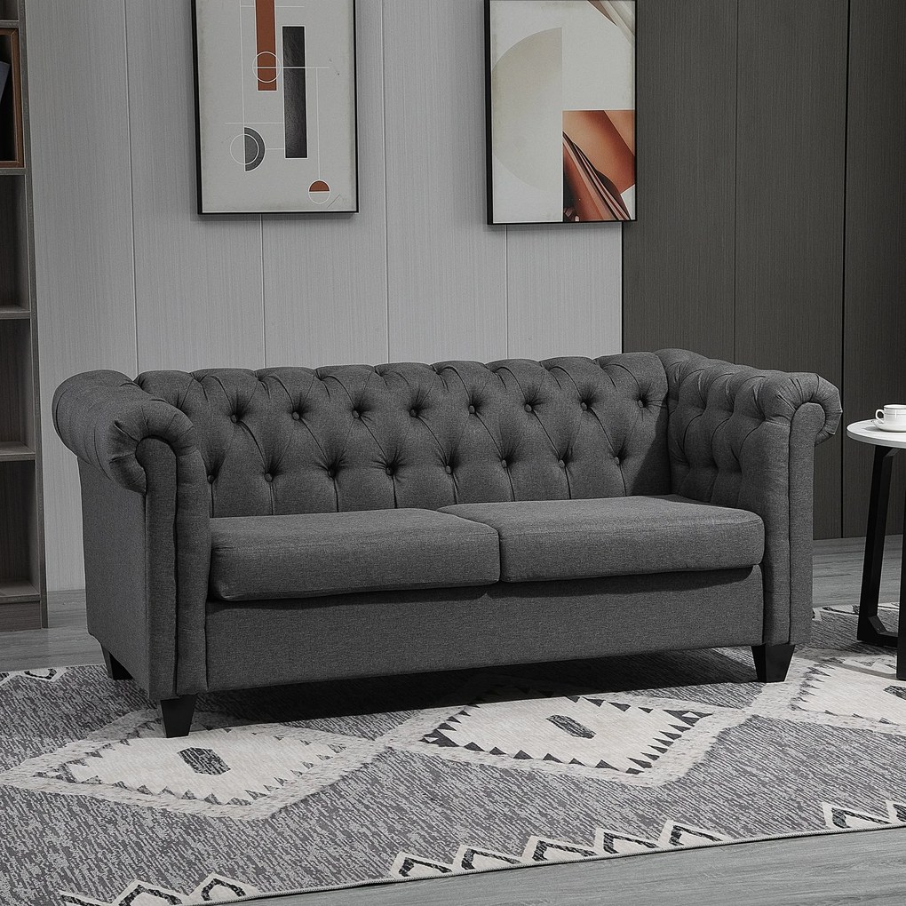 HOMCOM Canapea Chesterfield, canapea 2 locuri din material textil de in gri, canapea clasica si tapitata pentru casa si birou 185x81x78 cm