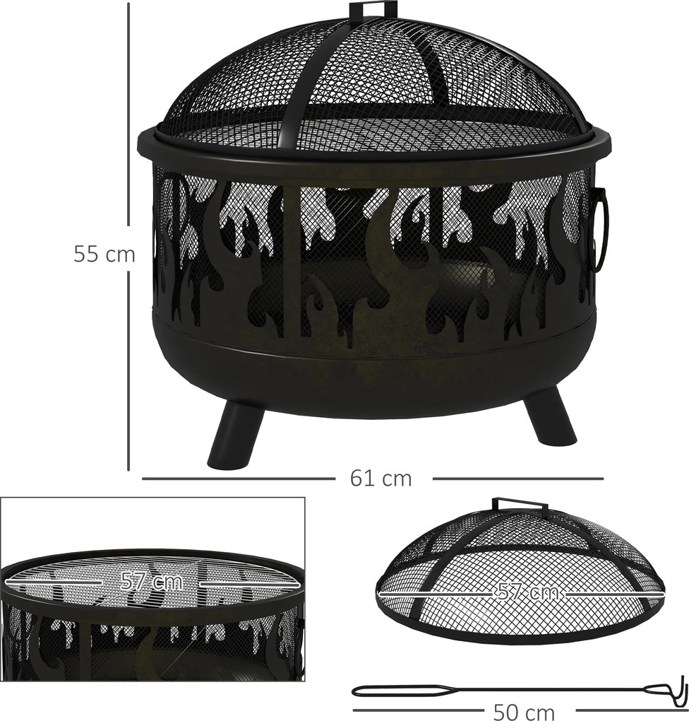 Outsunny Cuva pentru foc, vatră, incl. protecție la scântei, 1 cârlig, Ø61,5 cm x 52 cm, Negru | Aosom Romania