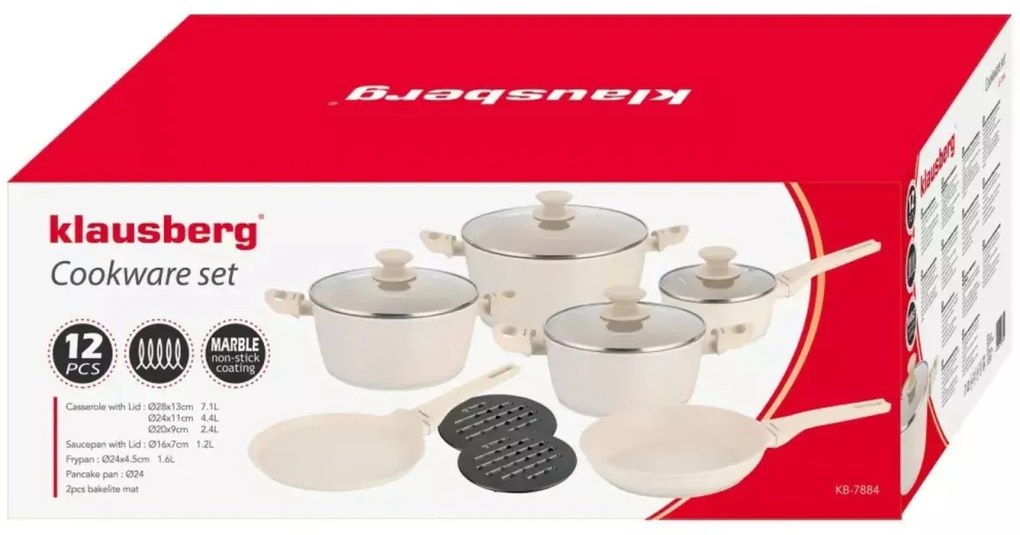Set de oale 12 piese, aluminiu cu strat antiaderent, culoare crem Klausberg KB7884, potrivite pentru toate tipurile de plita