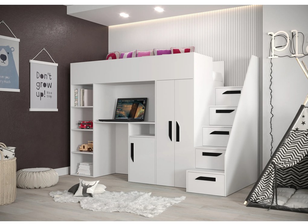 Pat pentru copii combinat 90 cm Puro 14 (alb mat + alb lucios + mânere negre). 1087093